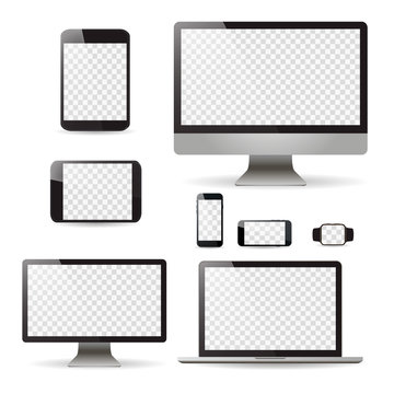 Mockup set realistic Monitors laptop tablet and phone vector illustration