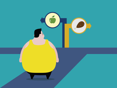 Fat Man Standing At The Intersection Is Choosing To Eat. Vector Illustration