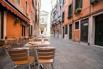 View of Tables in front of the restaurant in Venice, Italy