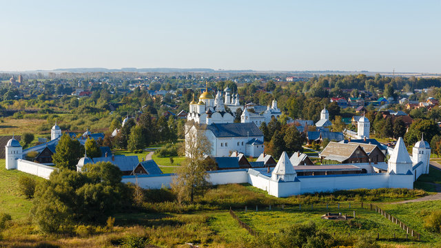 Suzdal, Russia. Panorama of Pokrovsky monastery in the early autumn.