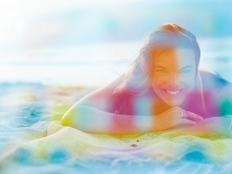 girl on beach overlaid with bright colors on film