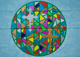 Stained glass design on wood background