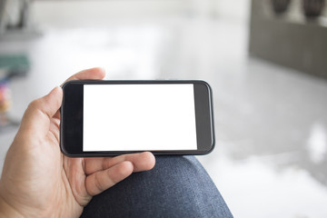 Asian man holding phone on street using application for watching clip content movie past internet network isolated for insert