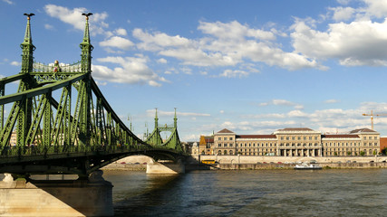 Budapest cityscape with Liberty bridge and the University of Economics 