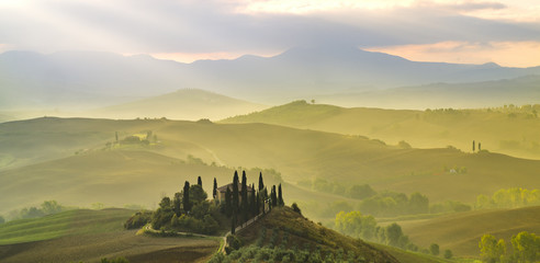 Pienza, Italy-September 2015: autumn panorama of the most beautiful area in Tuscany, Val d'Orcia...