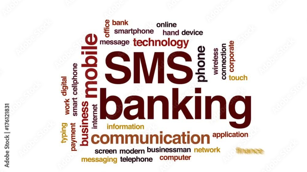 Poster sms banking animated word cloud, text design animation.
