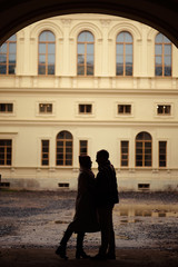 Beautiful pair of lovers walking in the autumn Park