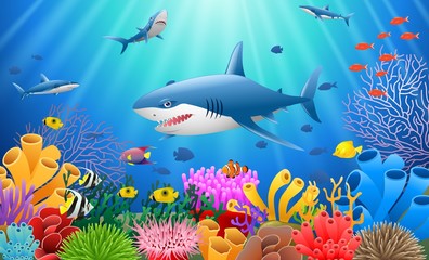 Fototapeta premium Cartoon shark with Coral Reef Underwater in Ocean Vector illustration