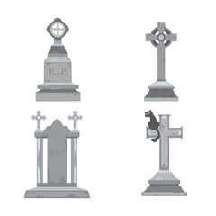 Set of Four Cartooned Grey Gloomy Headstones with Black Cat isolated on white background