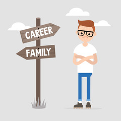 Young specialist making a choice between the career and family. Wooden signpost showing the opposite directions. Decision making. Flat editable vector illustration, clip art