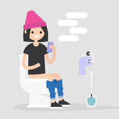 Young female character using a smartphone in a restroom. Modern habits. Flat editable vector illustration, clip art