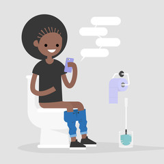 Young female character using a smartphone in a restroom. Modern habits. Flat editable vector illustration, clip art