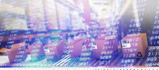 Composite image of cardboard boxes on conveyor belt