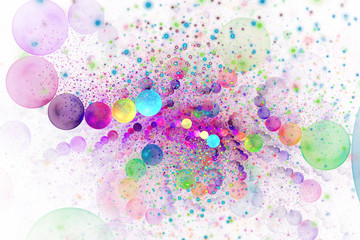 Abstract colorful glowing rainbow drops and sparkles on white background. Fantasy fractal texture in green, yellow, blue and pink colors. Digital art. 3D rendering.