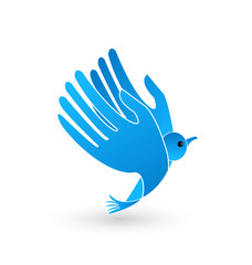 Abstract blue bird with hands as wings, icon vector