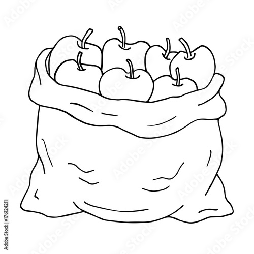 "Sack with Apples. Hand drawn vector sketch. Locally grown fresh fruits