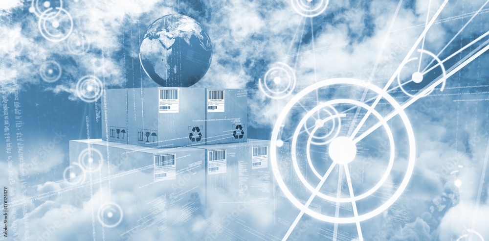Poster composite image of composite image of globe on boxes