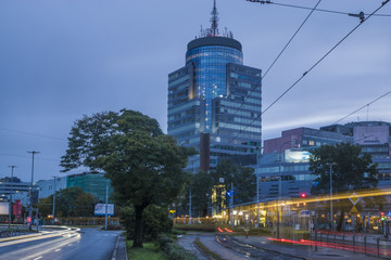 Night photo showing the center of Szczecin in Poland