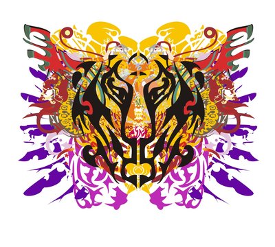 Grunge tiger head with colorful splashes. Closeup tiger head with colorful feathers and linear patterns