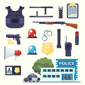 Police professional equipment set. Handcuffs, bulletproof vest, electroshocker, truncheon, badge, weapons, station, car and other element. flat vector set