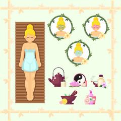 Woman spa design flat. Face beauty, cosmetic and care girl, salon and mask, vector illustration