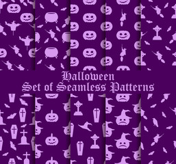 Halloween set of seamless patterns with pumpkins, witches and celebratory symbols. Vector illustration