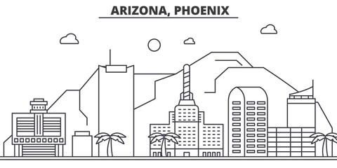 Arizona, Phoenix architecture line skyline illustration. Linear vector cityscape with famous landmarks, city sights, design icons. Editable strokes