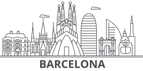 Barcelona architecture line skyline illustration. Linear vector cityscape with famous landmarks, city sights, design icons. Editable strokes