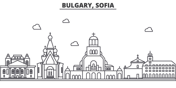 Bulgaria, Sofia architecture line skyline illustration. Linear vector cityscape with famous landmarks, city sights, design icons. Editable strokes