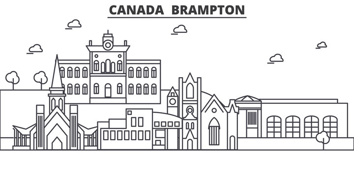 Canada, Brampton architecture line skyline illustration. Linear vector cityscape with famous landmarks, city sights, design icons. Editable strokes