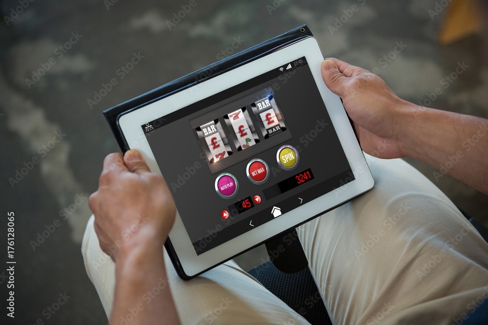 Poster composite image of graphic image of slot machine on mobile