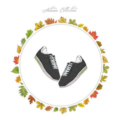 Sneakers. Hand draw shoes. Autumn collection. Frame of autumn leaves. Vector illustration.