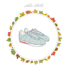 Sneakers. Hand draw shoes. Autumn collection. Frame of autumn leaves. Vector illustration.