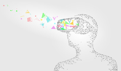 Low poly virtual reality helmet. Future innovation technology fantasy. Polygonal triangle connected dots geometric point line vr headset glass device concept white vector illustration