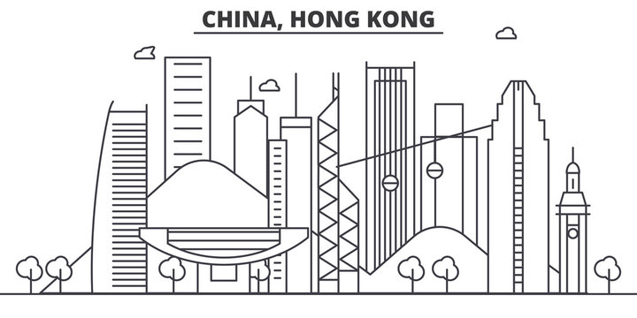China, Hong Kong architecture line skyline illustration. Linear vector cityscape with famous landmarks, city sights, design icons. Editable strokes