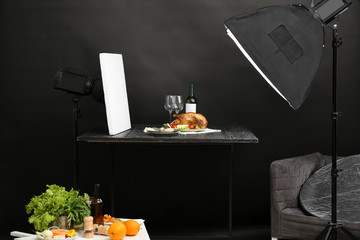 Photo studio with professional lighting equipment for shooting food