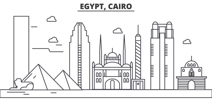 Egypt, Cairo architecture line skyline illustration. Linear vector cityscape with famous landmarks, city sights, design icons. Editable strokes