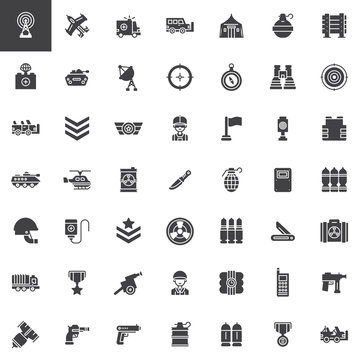 Military equipment vector icons set, modern solid symbol collection, filled pictogram pack. Signs, logo illustration. Set includes icons as tank, military truck, armored vehicles, artillery, guns