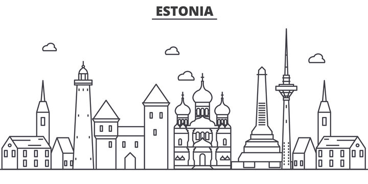 Estonia, Talinn architecture line skyline illustration. Linear vector cityscape with famous landmarks, city sights, design icons. Editable strokes
