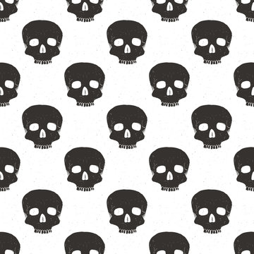 Skull seamless pattern, hand drawn sketch vector illustration