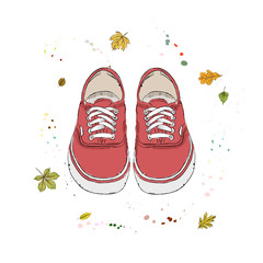 Red modern sneakers. Shoes on the background of autumn leaves and drops of watercolor. Hand drawn vector illustration on a white background.