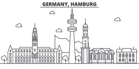 Germany, Hamburg architecture line skyline illustration. Linear vector cityscape with famous landmarks, city sights, design icons. Editable strokes - obrazy, fototapety, plakaty