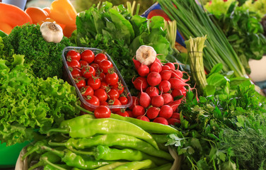 Assortment of herbs and vegetables on counter at market