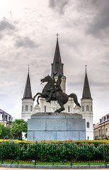Jackson Square, New Orleans. A monument to President Jackson and saint louis cathedral