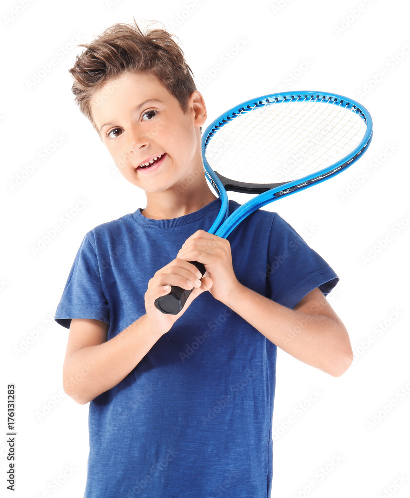 Poster Cute little boy with tennis racket on white background