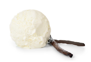 Ball of delicious vanilla ice cream on white background