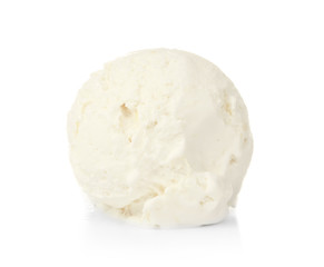 Ball of delicious vanilla ice cream on white background