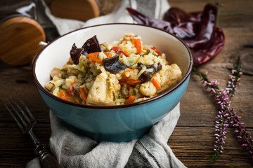Risotto with chicken and vegetables.