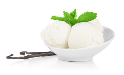 Bowl with delicious vanilla ice cream on white background