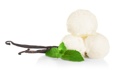 Balls of delicious vanilla ice cream on white background